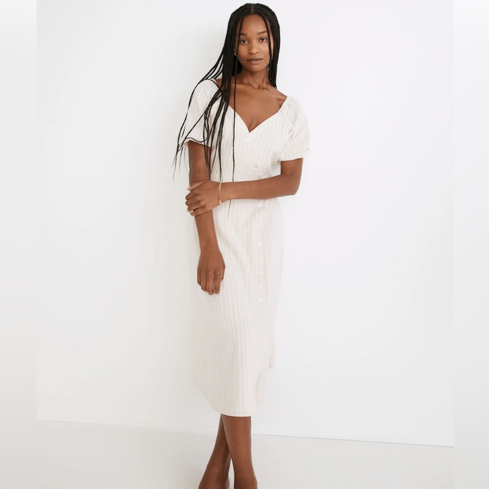 Madewell Puff-Sleeve Button-Wrap Midi Dress in Undyed Stripe